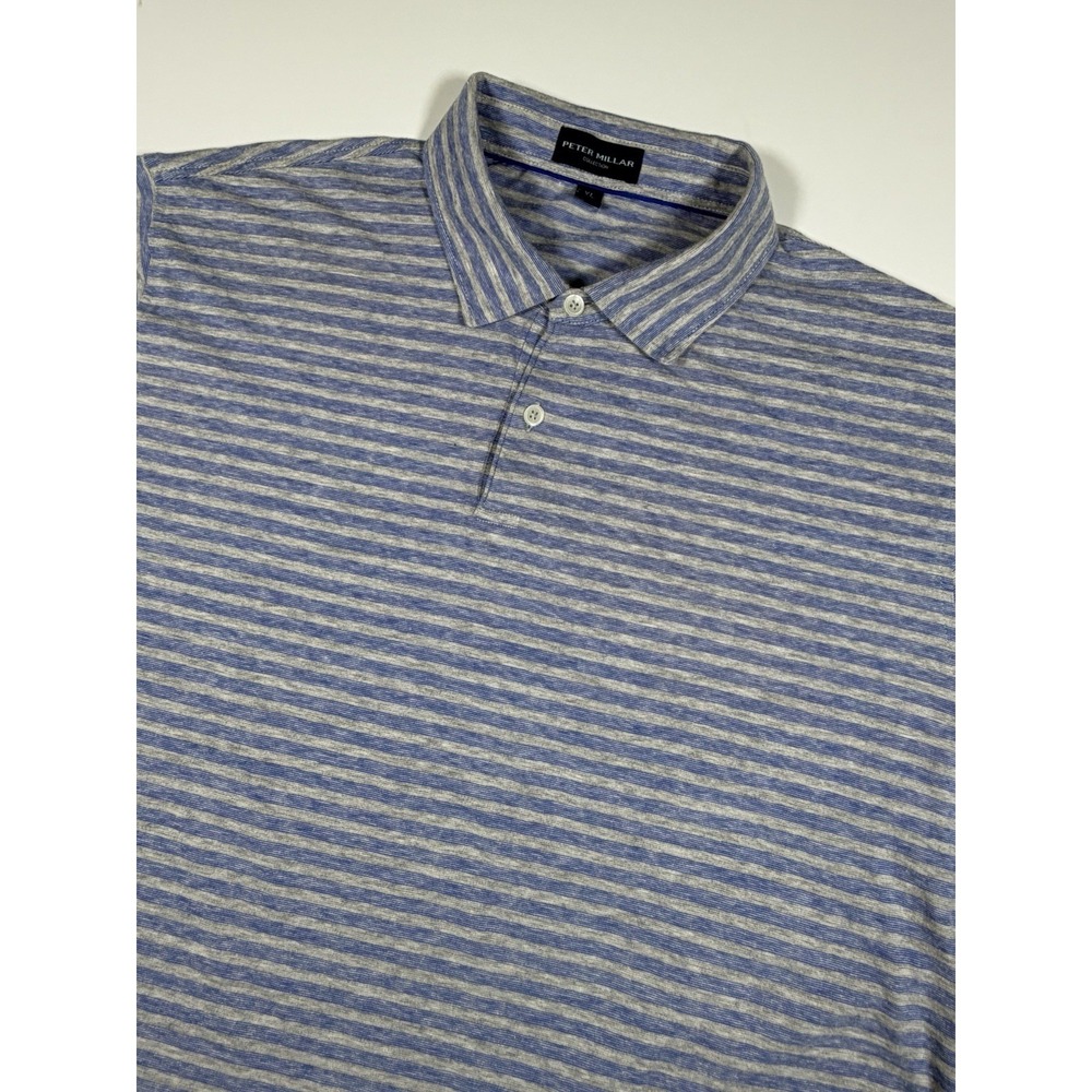 Peter Millar Collection Men's XL Cotton/Linen Blue Gray Stripe Short Sleeve Polo
